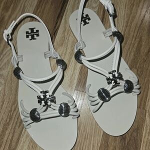 Tory Burch Sandals Size 6 Capri Multi Strap  New Ivory With Silver
